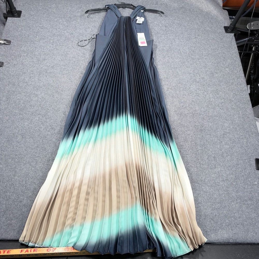 DKNY Womens Pleated Ombre Halter Maxi Dress Indigo Blue Teal Cream DD5E1K27 Sz 8